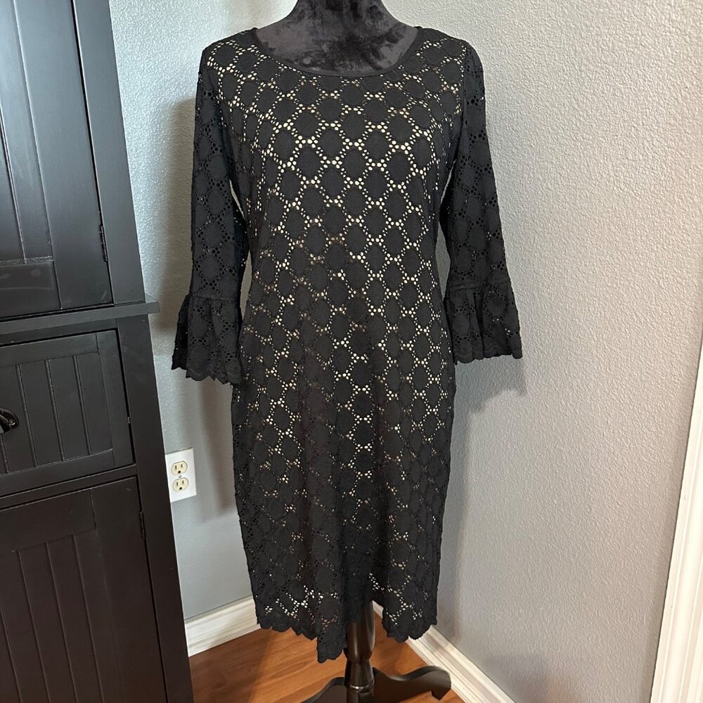 Ronni Nicole Dress Size 8 Black Lace Bell 3/4 Sleeve Lined Cocktail Party Glam